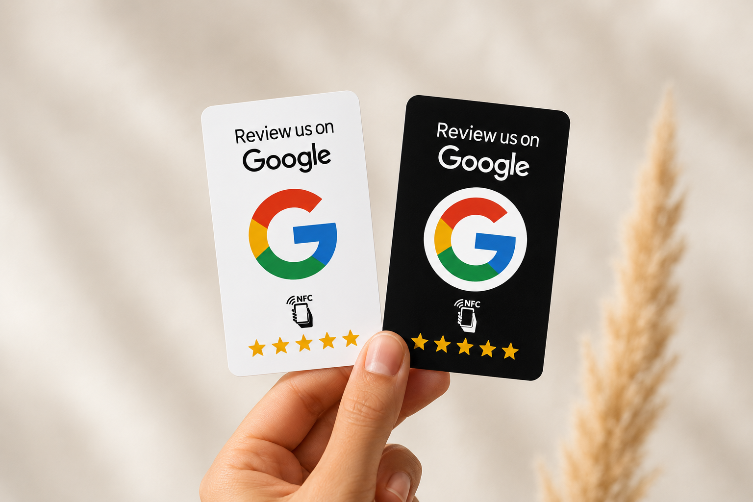 Carte NFC Google Review blanc et noir debout