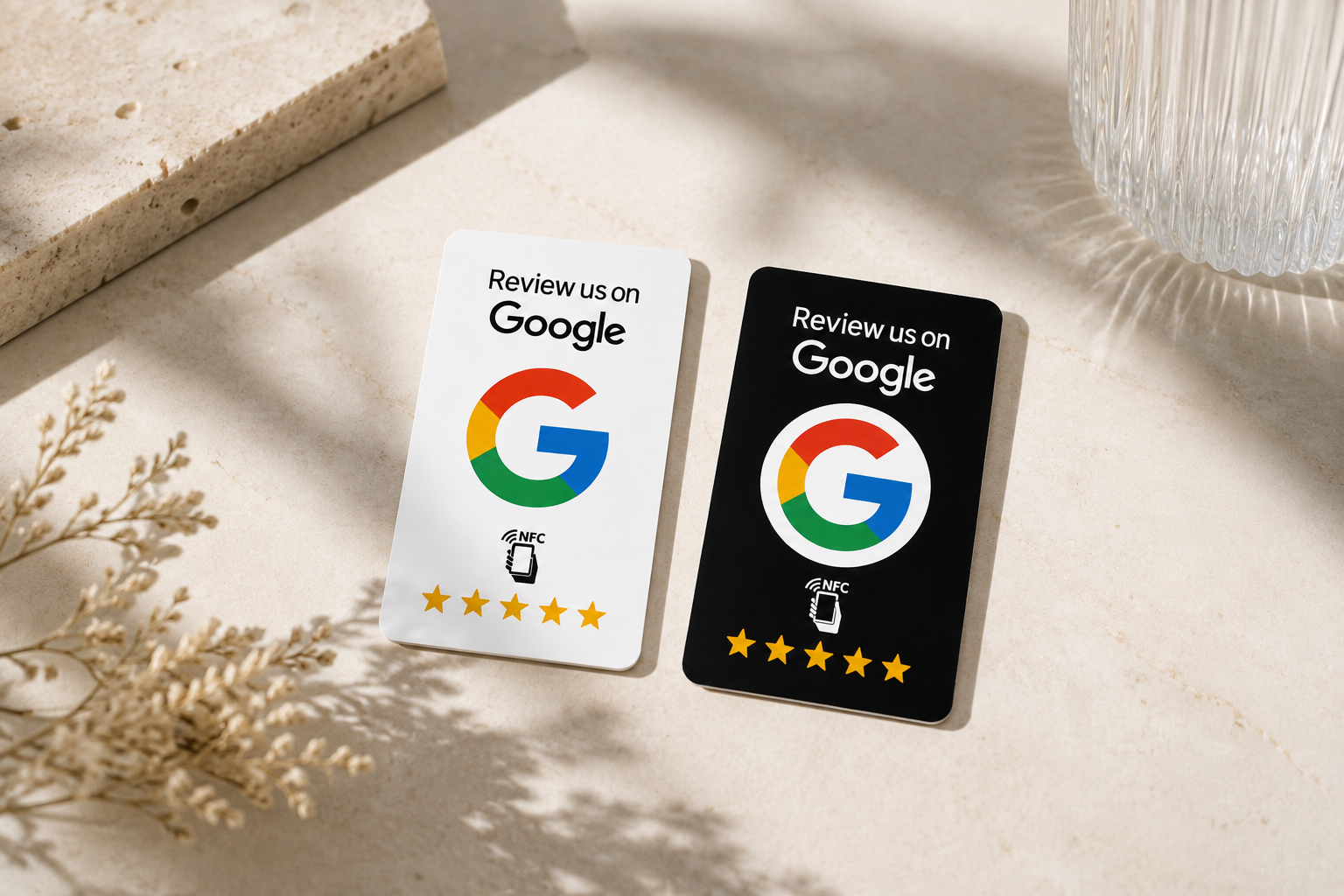 Carte NFC Google Review blanc et noir vue de dessus